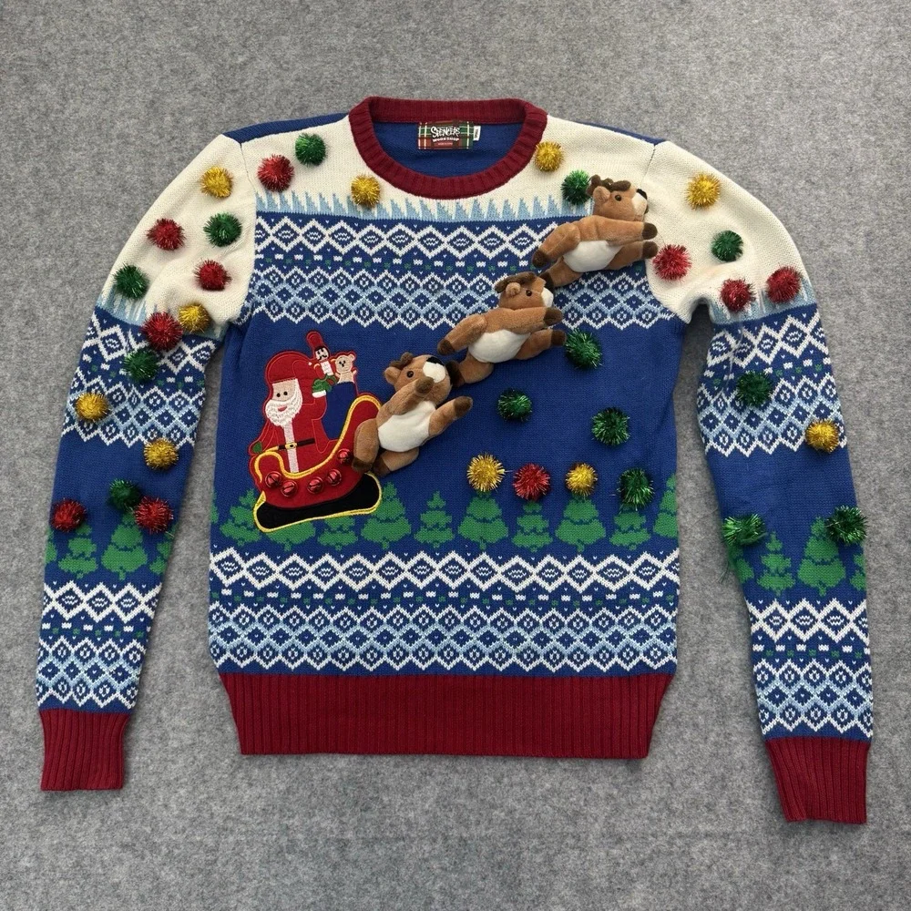 Spencer's Ugly Christmas Sweater Santa And Reindeer 3D Size Small